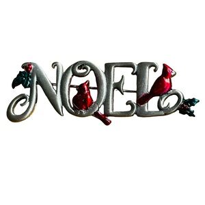 Vintage Signed JJ Jonette Pewter And Enamel Noel Brooch With Cardinals And Holly